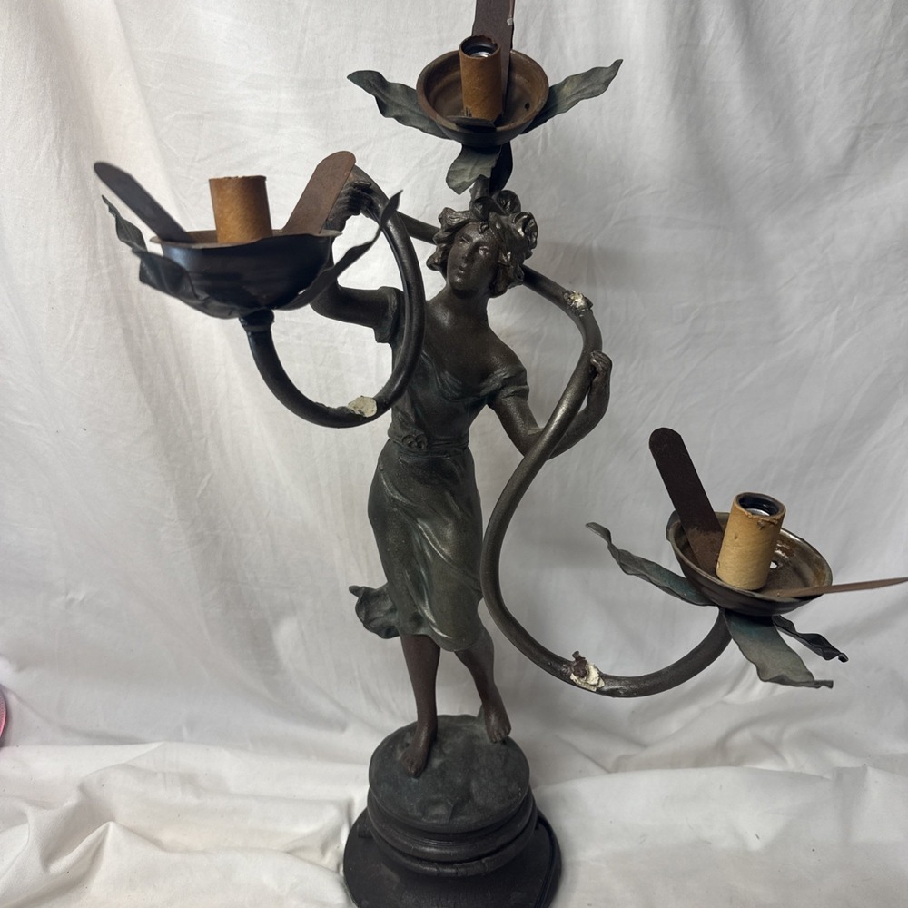 Antique Art Nouveau Spelter Bronze Newel Post Lamp Woman Nymph Lamp Repair Work